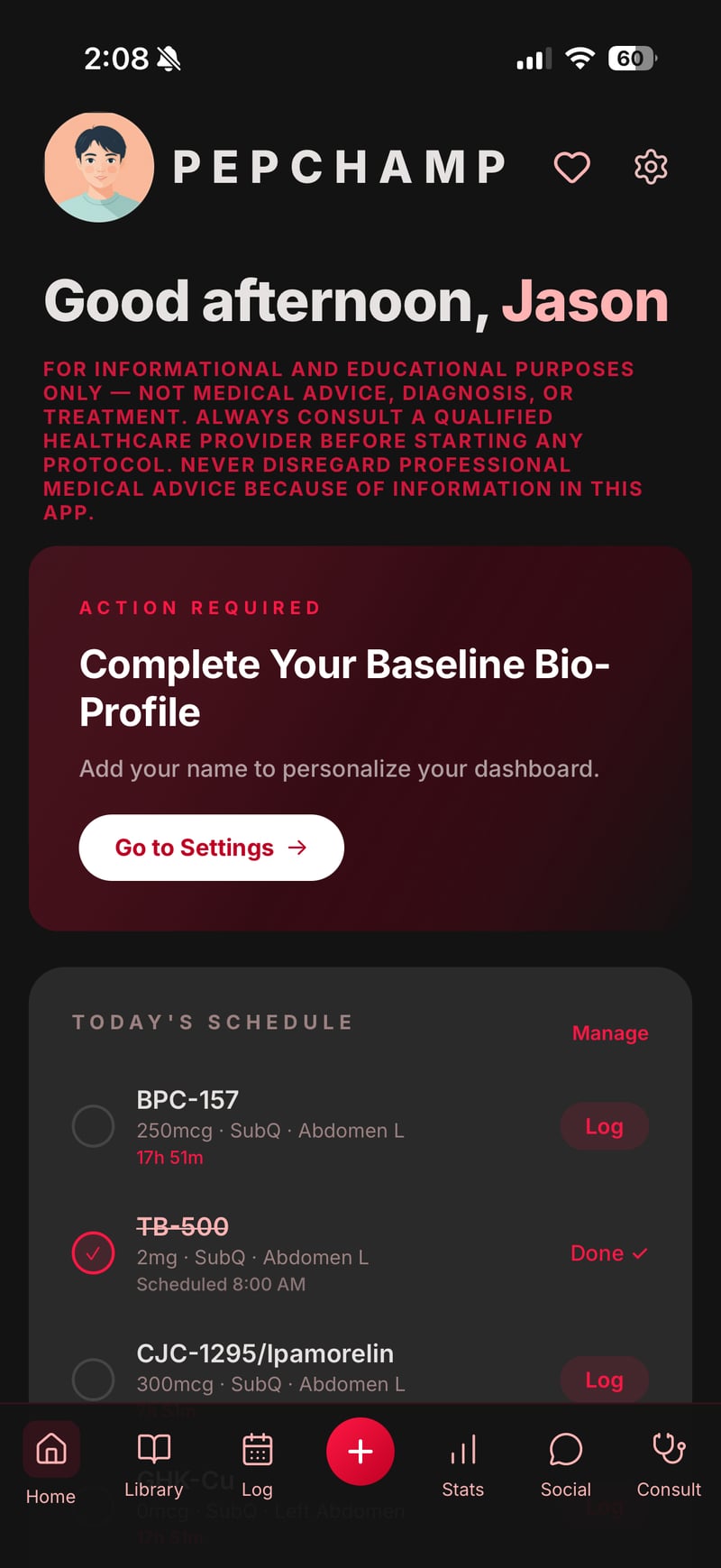 PepChamp Home dashboard — today's doses, adherence, Pro Tools