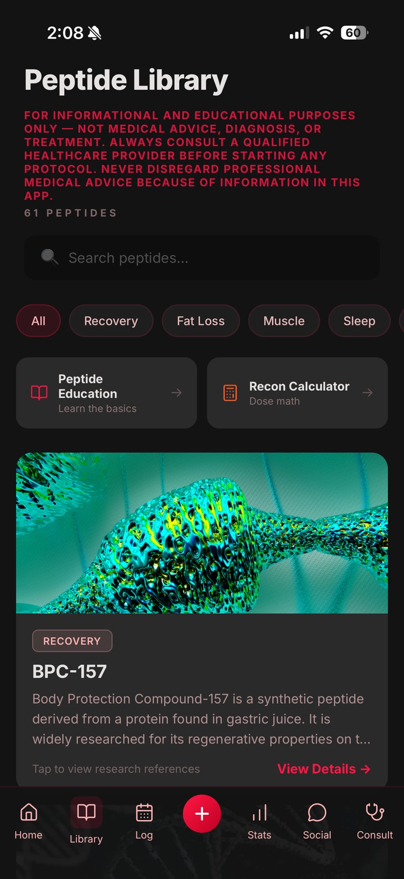 PepChamp peptide library — 61 peptides with research citations